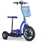 EWheels EW-18 Stand-n-Ride scooter in Blue Color, featuring a black seat and handlebar with a plaid basket, a sleek three-wheel design, and chrome accents.