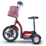 The EWheels EW-18 Stand-n-Ride scooter in a glossy red color, equipped with a plaid front hanging basket, large black wheels, and a standing platform