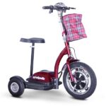 EWheels EW-18 Stand-n-Ride scooter in Red Color, featuring a black seat and handlebar with a plaid basket, a sleek three-wheel design, and chrome accents.