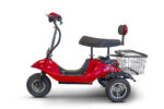 A vibrant red color EWheels EW-19 scooter with a black seat and a rear wire basket, featuring a streamlined design with a high handlebar and headrest