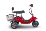 Side view of sleek EWheels EW-19 mobility scooter in red, featuring a black seat with headrest, a robust rear storage basket, and thick treaded tires