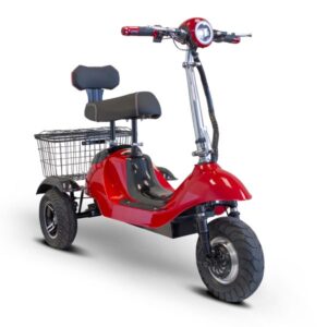 Glossy red color EWheels EW-19 mobility scooter, featuring a black seat with headrest, a large rear storage basket, and rugged wheels