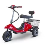 Three quarter view of a red color EWheels EW-19 scooter with a comfortable black seat and headrest, and a spacious wire basket on the rear