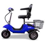 EWheels EW-20 mobility scooter blue color featuring a black captain’s chair with armrests, a side-mounted wire basket, and chunky wheels