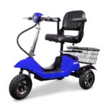 A blue color EWheels EW-20 mobility scooter with a high-backed black seat and armrests, featuring a spacious rear basket and robust wheels