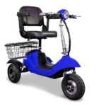 A vibrant blue color EWheels EW-20 mobility scooter, featuring a plush black captain's seat with armrests, and a sturdy rear basket