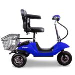 Side View of Striking blue color EWheels EW-20 mobility scooter, complete with a black captain’s seat, an accessible wire basket on the side, and durable black tires