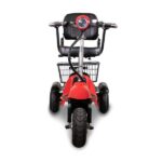 Front view of a red EWheels EW-20 mobility scooter with a spacious rear basket, black padded high-back seat