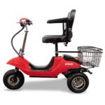 EWheels EW-20 mobility scooter red color with a side-mounted rear basket, a comfortable black captain's seat, and robust tires