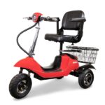 The EWheels EW-20 mobility scooter in red color, with a luxurious black captain’s seat, adjustable armrests, a wire basket on the rear, and sturdy, all-terrain wheels