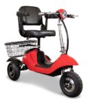 A red EWheels EW-20 mobility scooter with a black high-backed seat, a large wire basket on the back, and wheels for sturdy navigation