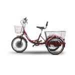 Side View of EWheels EW-29 adult tricycle in a rich maroon color, with prominent white baskets at the front and back