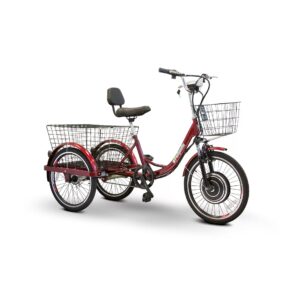 The EWheels EW-29 electric tricycle in a deep maroon color, displayed from the side with a prominent front white wire basket, and a matching large rear basket