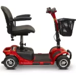 A side view of a metallic red EWheels EW-M34 mobility scooter with a comfortable chair-style seat, adjustable armrests, a black front basket, and a vertical handlebar with controls.