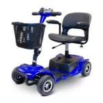 Three-quarter front view of a blue color EWheels EW-M34 mobility scooter, with a black swivel seat and armrests, an attached front basket, and a T-shaped handlebar on a sturdy frame.