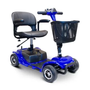 Three-quarter view of a glossy blue color EWheels EW-M34 mobility scooter with a swivel seat, armrests, a spacious front basket, and sturdy tires, set against a white background.