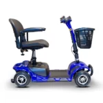 A side view of a metallic blue color EWheels EW-M34 mobility scooter with a comfortable chair-style seat, adjustable armrests, a black front basket, and a vertical handlebar with controls.