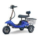 Three quarter view of a blue color EWheels EW-19 scooter with a comfortable black seat and headrest, and a spacious wire basket on the rear