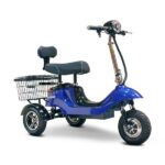 Glossy blue color EWheels EW-19 mobility scooter, featuring a black seat with headrest, a large rear storage basket, and rugged wheels