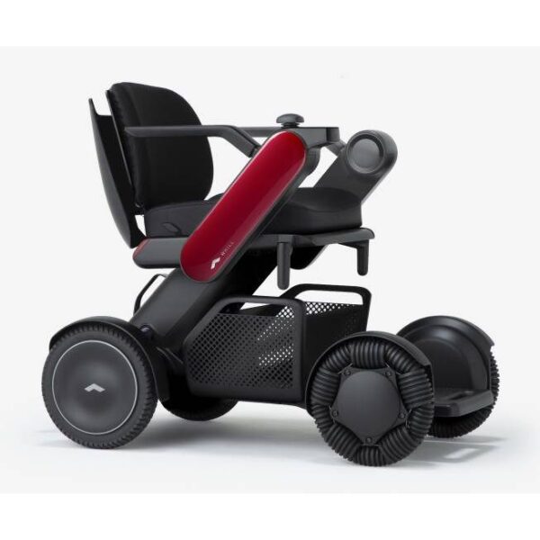 Black motorized wheelchair with matching red armrests, offering a bold aesthetic combined with high functionality and sturdy wheels for reliable navigation.