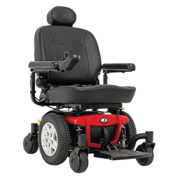 Cardinal Red color of Pride Mobility Jazzy 600 ES power chair with a comfortable high-back seat, advanced stability technology, and intuitive joystick controls.