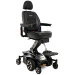 Sophisticated black pearl Pride Mobility Jazzy Air 2 power wheelchair showcasing sleek contours and a comfortable high-backed seat, reflecting luxury and mobility.