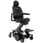 Black Onyx Color of Pride Mobility Jazzy Air 2 power wheelchair with elevated seating, joystick control, and six-wheel stability.