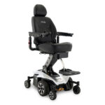 A sleek pearl white Pride Mobility Jazzy Air 2 power wheelchair featuring a high-back black seat, adjustable armrests, and modern design with intuitive controls for enhanced mobility.