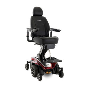 Pride Mobility Jazzy Air 2 power wheelchair in a striking ruby red color, equipped with a comfortable high-back chair and user-friendly joystick control.