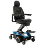 Elegant sapphire blue Pride Mobility Jazzy Air 2 power wheelchair featuring an adjustable seat, modern design, and accessible control arm.