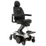 Sleek Silver Color Pride Mobility Jazzy Air 2 power chair, with adjustable black seat and armrests, designed for comfortable, elevated mobility.