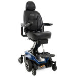 Elegant Tanzanite Blue color of Pride Mobility Jazzy Air 2 power wheelchair, with ergonomic black seating and modern design for enhanced accessibility.
