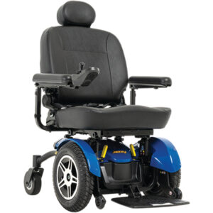 Jazzy Elite HD power wheelchair in blue color, featuring a black comfortable high-back seat, durable tires, and user-friendly controls on the armrest for improved maneuverability.