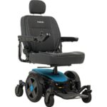 Modern Pride Mobility Jazzy EVO 614 power chair in refreshing iceberg blue, featuring a comfortable high-back seat and easy-to-use joystick controls.
