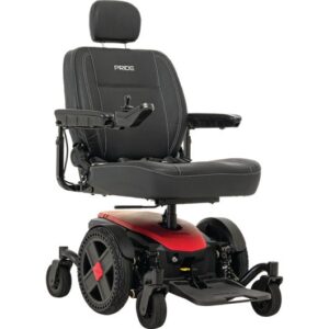 Vibrant red Pride Mobility Jazzy EVO 614 power wheelchair with a plush high-back seat, user-friendly joystick, and sturdy wheels for optimal navigation.