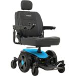 A modern Robin's egg blue Jazzy EVO 614 power chair by Pride Mobility, with a contoured high-back seat and advanced joystick for precise maneuverability, promoting independence and comfort.