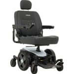 A sophisticated white Jazzy EVO 614 power chair from Pride Mobility, boasting a plush high-back seat and streamlined joystick control for seamless navigation and elevated daily living.