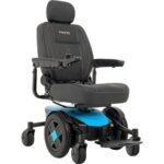 Robin's egg blue color of Pride Mobility Jazzy EVO 613 power wheelchair, showcasing a comfortable high-back seat and equipped with an easy-to-use joystick, offering a combination of style and practical mobility.