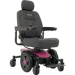 A luxurious Sugar Plum Pride Mobility Jazzy EVO 613 power chair, boasting a high-back comfort seat, user-friendly joystick, and a sleek, modern profile for stylish accessibility.