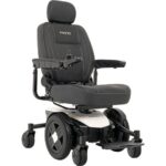 Sleek white Pride Mobility Jazzy EVO 613 power chair with an ergonomic design, contoured high-back seat, and intuitive joystick control for improved maneuverability.