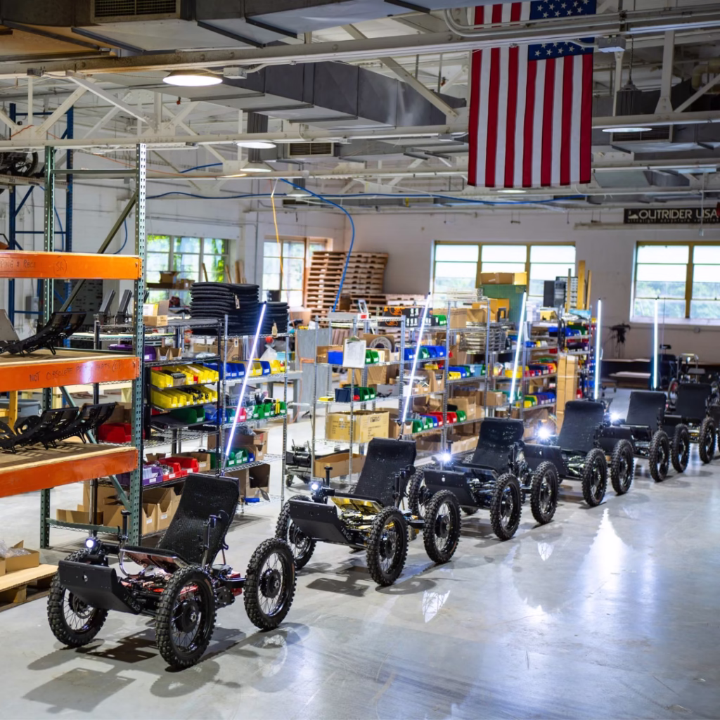 Outrider Coyote wheelchairs lined up in store