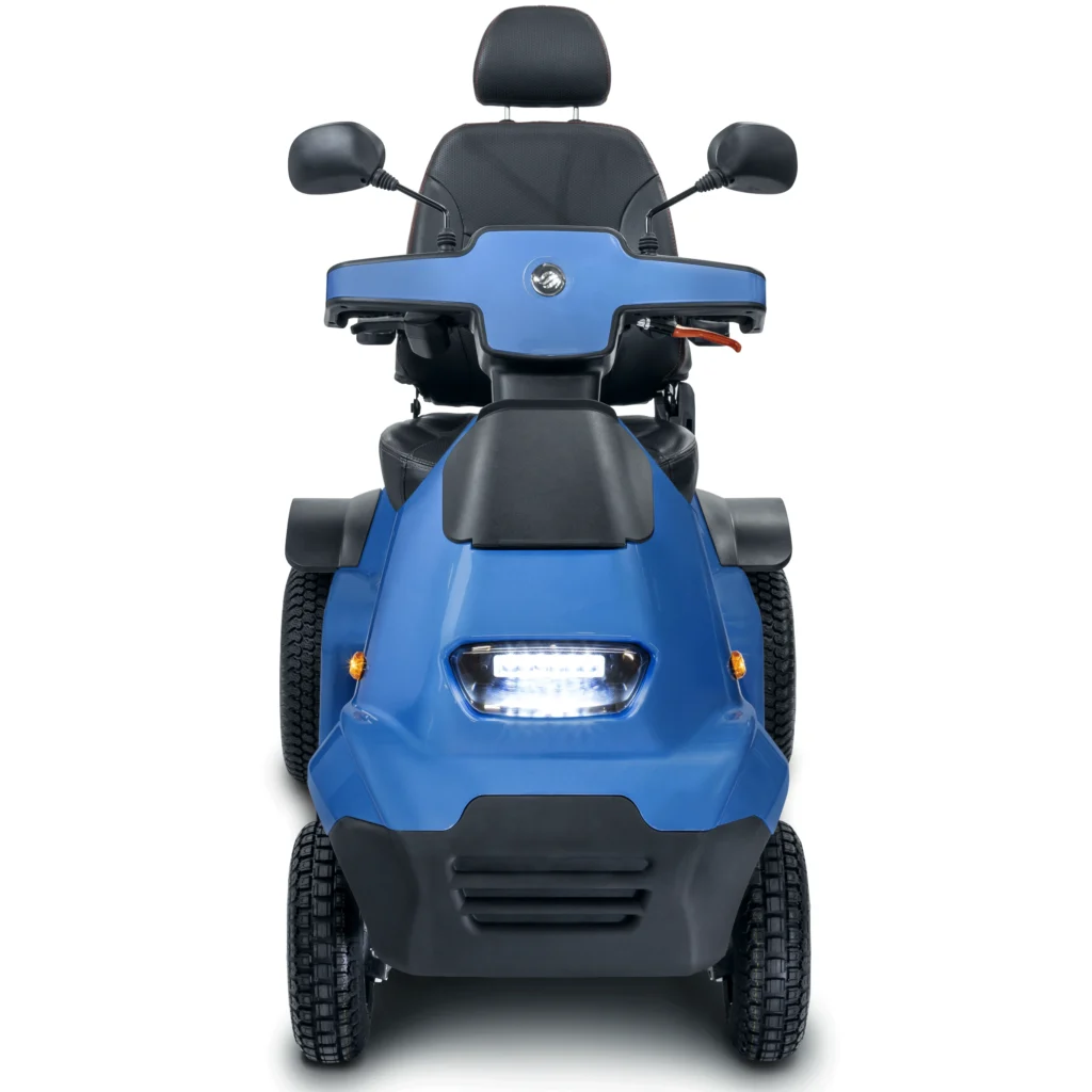 Front View of Blue Afiscooter S4 Mobility Scooter with Golf Tire