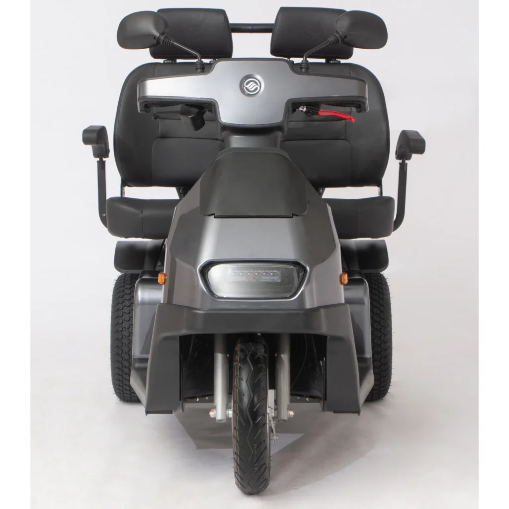 Front View Gray Afiscooter S3 Dual Seat Mobility Scooter with Golf Tires
