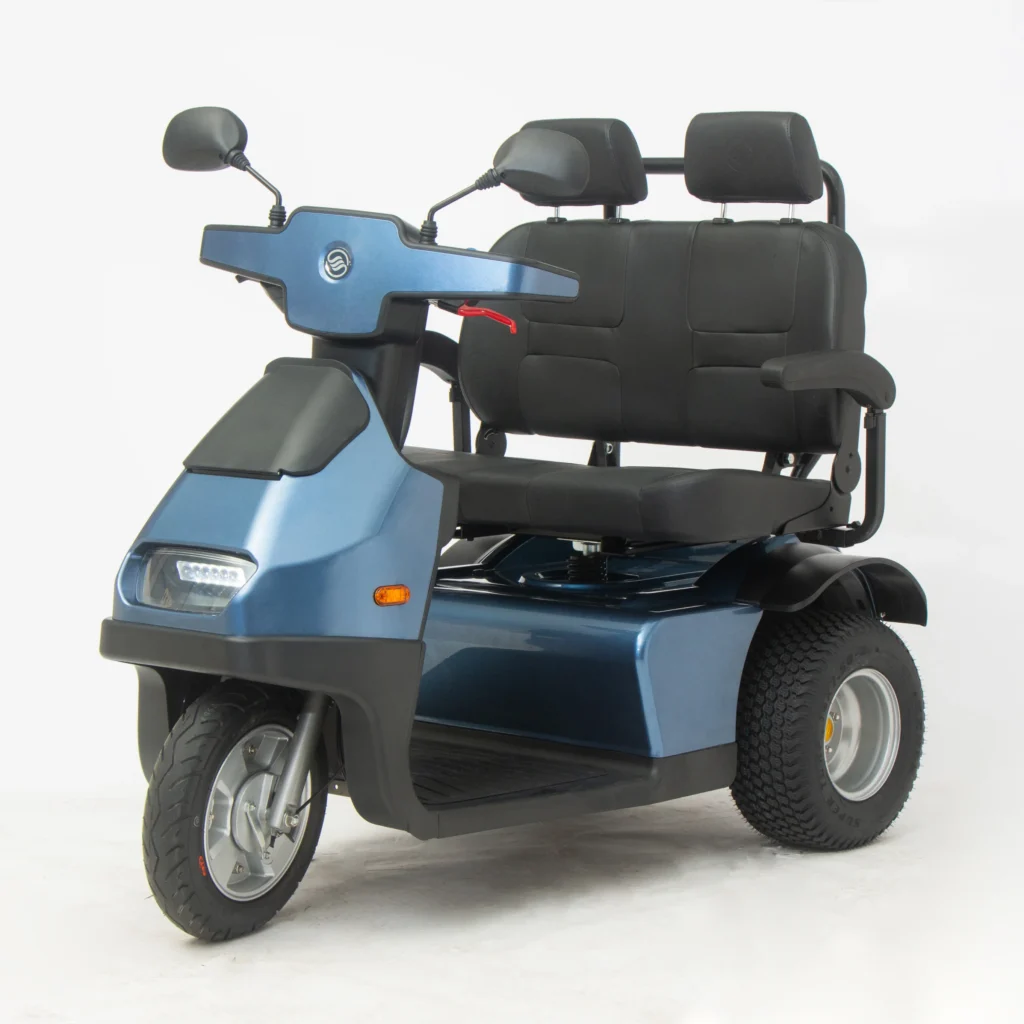 Side View of Blue Afiscooter S3 Dual Seat Mobility Scooter with Golf Tires