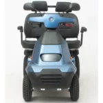 Blue mobility scooter front view, mobility aid, electric scooter for elderly, personal transport device.