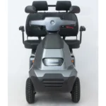 Gray mobility scooter front view, mobility aid, electric scooter for elderly, personal transport device.