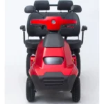 Red mobility scooter front view, mobility aid, electric scooter for elderly, personal transport device.