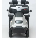 Silver mobility scooter front view, mobility aid, electric scooter for elderly, personal transport device.