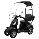 Daymak Roadstar in black with a canopy and windshield, featuring a black cushioned seat, rear storage compartment, and chrome wheels.