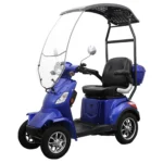 Daymak Roadstar in blue with a canopy and windshield, featuring a black cushioned seat, rear storage compartment, and chrome wheels.